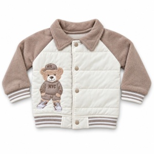 Costum bebe 3 piese bej din bumbac cu geaca matlasata pentru toamna si iarna, fotografie de produs pe fundal alb