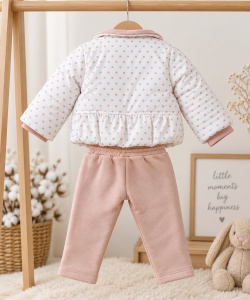 Costum bebe 3 piese din bumbac 100% roz cu geaca captusita si pantaloni, prezentare in decor