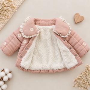 Costum bebe 3 piese roz pudra cu geaca imblanita, bluza si pantaloni evazati, prezentare in decor