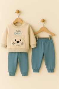 Costum bebe baiat 2 piese gri bleu din bumbac cu ursulet teddy bear si pantaloni comozi - Img 2