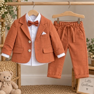 Costum bebe baiat caramiziu 3 piese cu sacou camasa si pantaloni pentru ceremonie, prezentare in decor