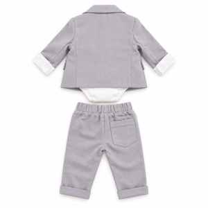 Costum bebe baiat gri perlat 3 piese cu sacou body camasa si pantaloni elegant, fotografie de produs pe fundal alb