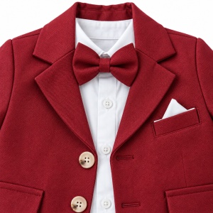 Costum bebe baiat rosu bordo 3 piese cu sacou camasa si pantaloni elegant, prezentare in decor