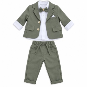 Costum bebe baiat verde kaki 3 piese cu sacou camasa si pantaloni elegant, fotografie de produs pe fundal alb