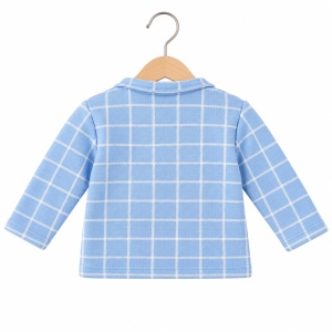 Costum bebe elegant din bumbac 3 piese cu sacou bleu in carouri, papion si pantaloni - Img 4