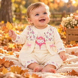 Costum bebe fetita 3 piese din bumbac, sacou inflorat, bluza si pantaloni, crem roz