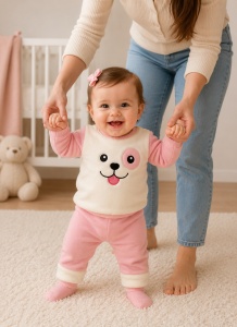 Costum bebe fetita roz 2 piese pufos cu bluza catelus si pantaloni caldurosi