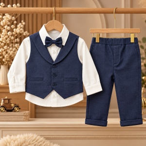 Costum elegant baieti 4 piese din bumbac, camasa alba, vesta si pantaloni bleumarin, papion - Img 2