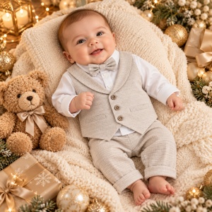 Costum elegant baieti 4 piese din bumbac, camasa alba, vesta si pantaloni bej, papion