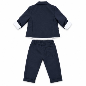 Costum elegant bebe baiat 3 piese bleumarin cu sacou camasa si pantaloni, fotografie de produs pe fundal alb