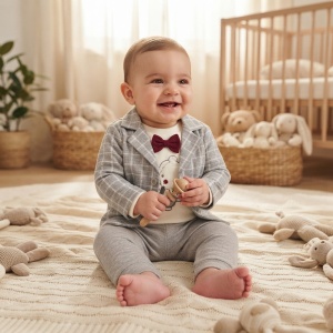 Costum elegant bebe baiat 3 piese din bumbac cu sacou in carouri si papion