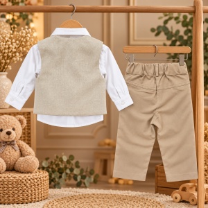 Costum elegant bebe baiat 4 piese, camasa, vesta, pantaloni si papion, bumbac, bej - Img 4