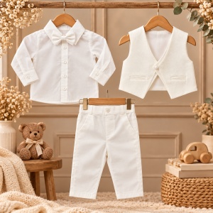 Costum elegant bebe baiat 4 piese din bumbac alb cu vesta si papion - Img 2