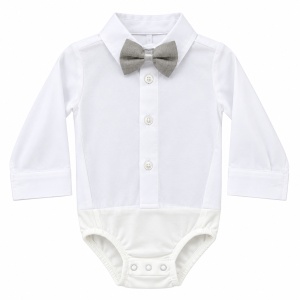 Costum elegant bebe baieti 3 piese gri cu sacou pantaloni body si papion, fotografie de produs pe fundal alb