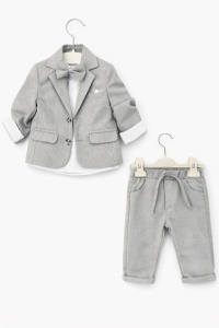 Costum elegant bebe gri 4 piese sacou pantaloni camasa papion botez - Img 2