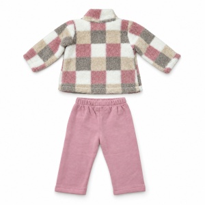 Compleu fetita cu jacheta in carouri, bluza crem si pantaloni roz pudrat, fotografie de produs pe fundal alb