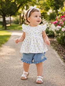 Costumas bebe fetita 2 piese bluza cu imprimeu si pantaloni scurti denim