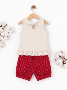 Costumas bebe fetita 2 piese bumbac top cu floare si pantaloni scurti rosii - Img 3