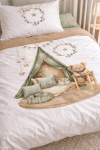 Lenjerie patut bebe 3 piese bumbac 100% set patut copii cu husa pilota, cearsaf, fata perna cort ursulet - Img 2