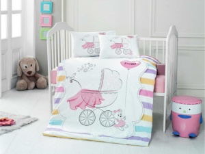 Lenjerie patut bebe fetite 3 piese bumbac 100% set patut cu husa pilota, cearsaf si fata perna