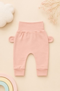 Pantaloni bebe piersica din bumbac cu ursuleti, inimioare si urechi decorative - Img 2