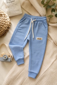 Pantaloni sport premium pentru copii din bumbac bleu cu buzunare si snur reglabil