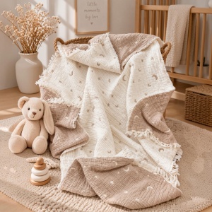 Patura bebe din muselina 4 straturi, 90x90 cm, model luna si stelute, crem-bej