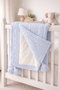 Patura bebe lana de oaie bleu pufoasa 95x85 cm pentru patut carucior si dormit