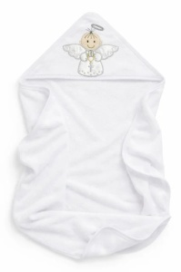 Prosop bebe cu gluga pentru botez alb bumbac moale broderie ingeras 80x90 cm - Img 2