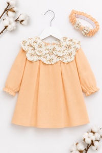 Rochie bebe fetita din muselina piersica cu bentita si guler floral eleganta - Img 2