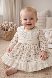 Rochie fetita crem cu flori roz guler dantela eleganta botez evenimente