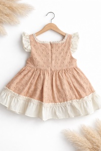 Rochita bebe fetita bej din bumbac cu fundita crem si broderie eleganta - Img 3