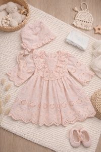 Rochita premium bebe fetita din bumbac cu broderie anglaise si boneta roz, set 4 piese - Img 2