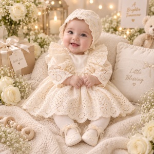 Rochita premium botez bebe fetita 4 piese cu broderie, boneta, dres si pantofiori