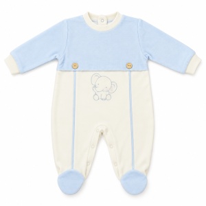 Salopeta bebe baiat din bumbac cu botosei integrati, bleu si crem, model elefant - Img 3