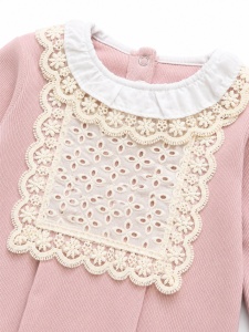 Salopeta bebe fetita 100% bumbac cu bentita, roz pudrat, dantela eleganta - Img 4