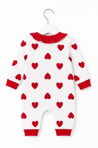 Salopeta bebe fetita alba cu inimioare rosii si volanase decorative si bentita - Img 3