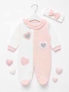 Salopeta bebe fetita roz alb cu bentita si inimioare din bumbac premium - Img 2
