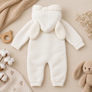 Salopeta bebe tricotata ivory imblanita cu gluga si urechiuse, prezentare in decor
