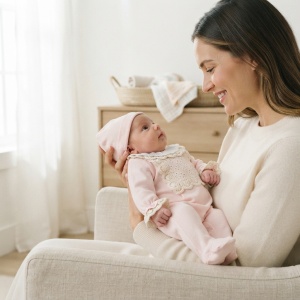 Salopeta eleganta bebe roz cu dantela si botosei integrati + caciulita - Img 2
