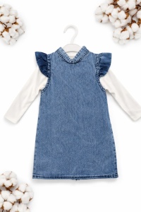 Sarafan denim bebe fetita cu bluza alba si broderie florala - Img 3
