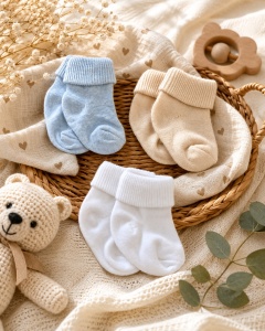 Set 3 perechi sosete bebe bleu, bej si albe cu manseta moale pentru nou nascut