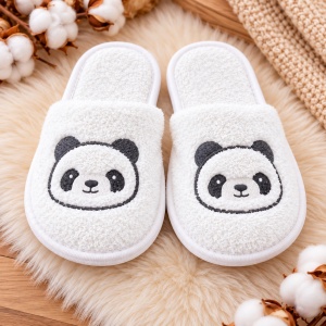 Set baie bebe 3 piese, bumbac, halat cu gluga, prosop si papuci, model Panda, alb - Img 5