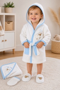 Set baie copii 4 piese alb bleu cu oita, halat, prosop si papuci, 100% bumbac