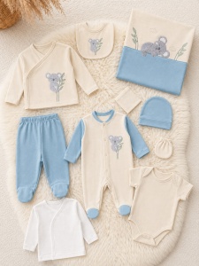 Set bebe 10 piese bumbac bleu crem complet nou nascut