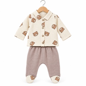Set bebe 10 piese din muselina, imprimeu ursuleti, crem si maro - Img 3