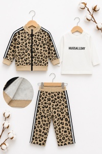 Set bebe 3 piese animal print din bumbac cu bluza, jacheta si pantaloni pentru fetite - Img 2