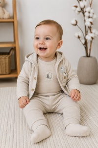 Set bebe 3 piese bej din bumbac cu hanorac bluza si pantaloni pentru bebelusi - Img 2