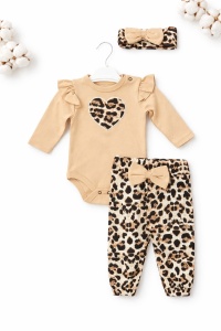 Set bebe 3 piese body pantaloni bentita leopard bej inimioara bumbac fete - Img 2