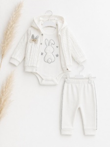 Set bebe 3 piese bumbac alb cu iepuras, body pantaloni hanorac - Img 3
